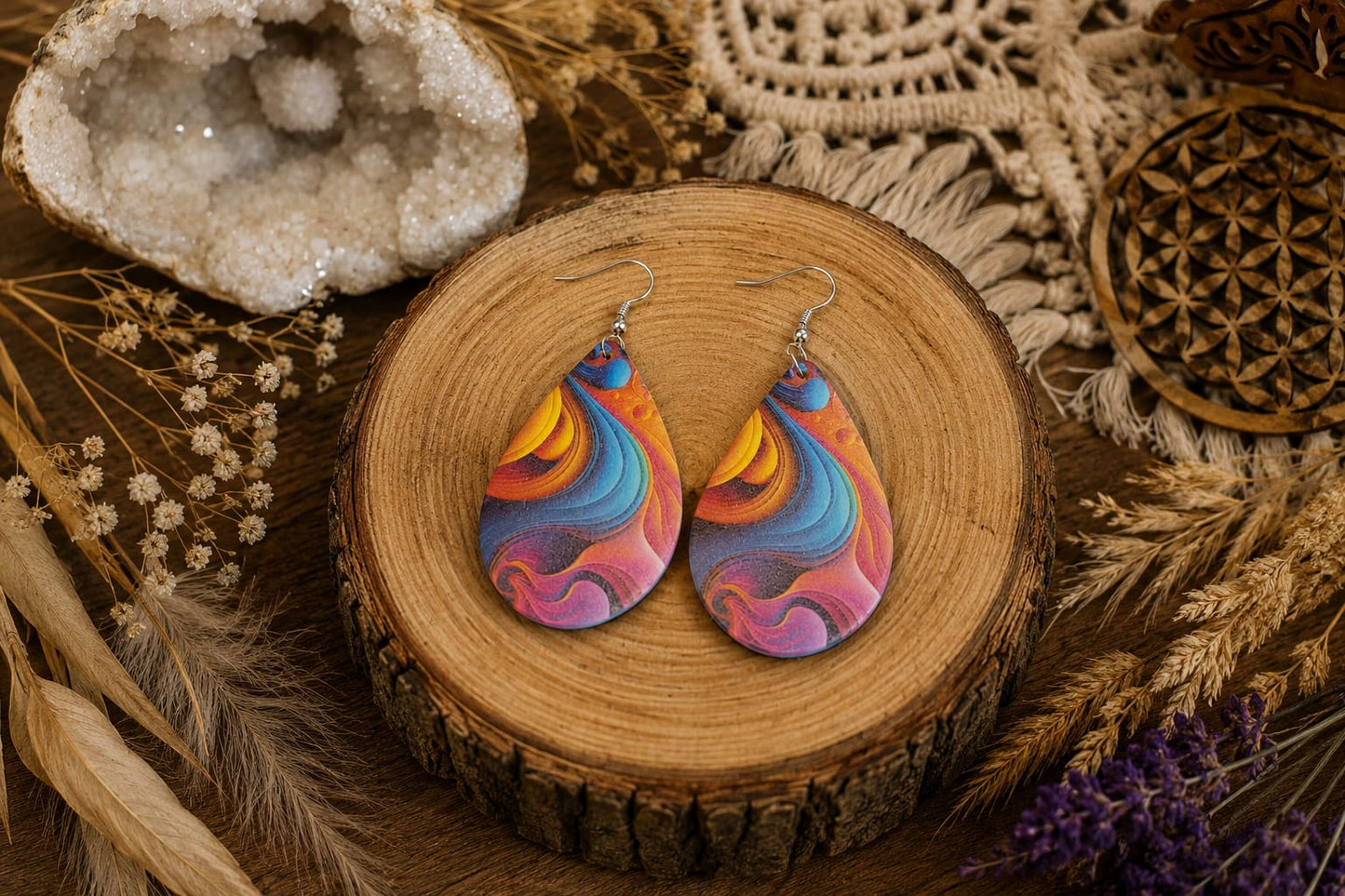 Boucles d'oreilles " Gouttes en bois colorés"